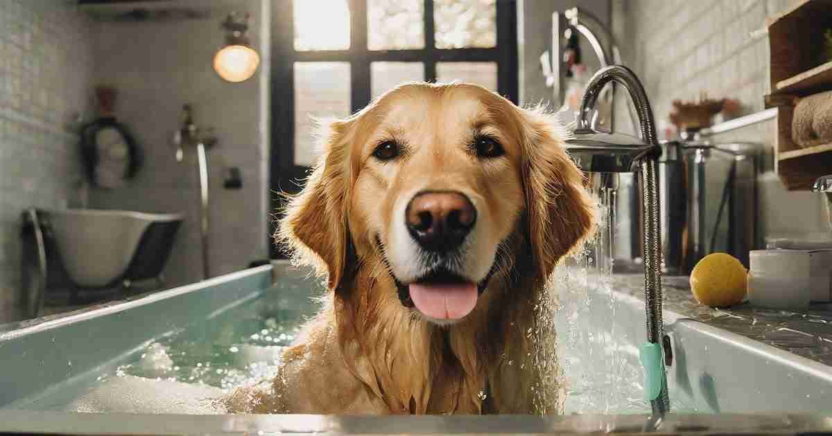 perro Golden Retriever en la bañera de casa